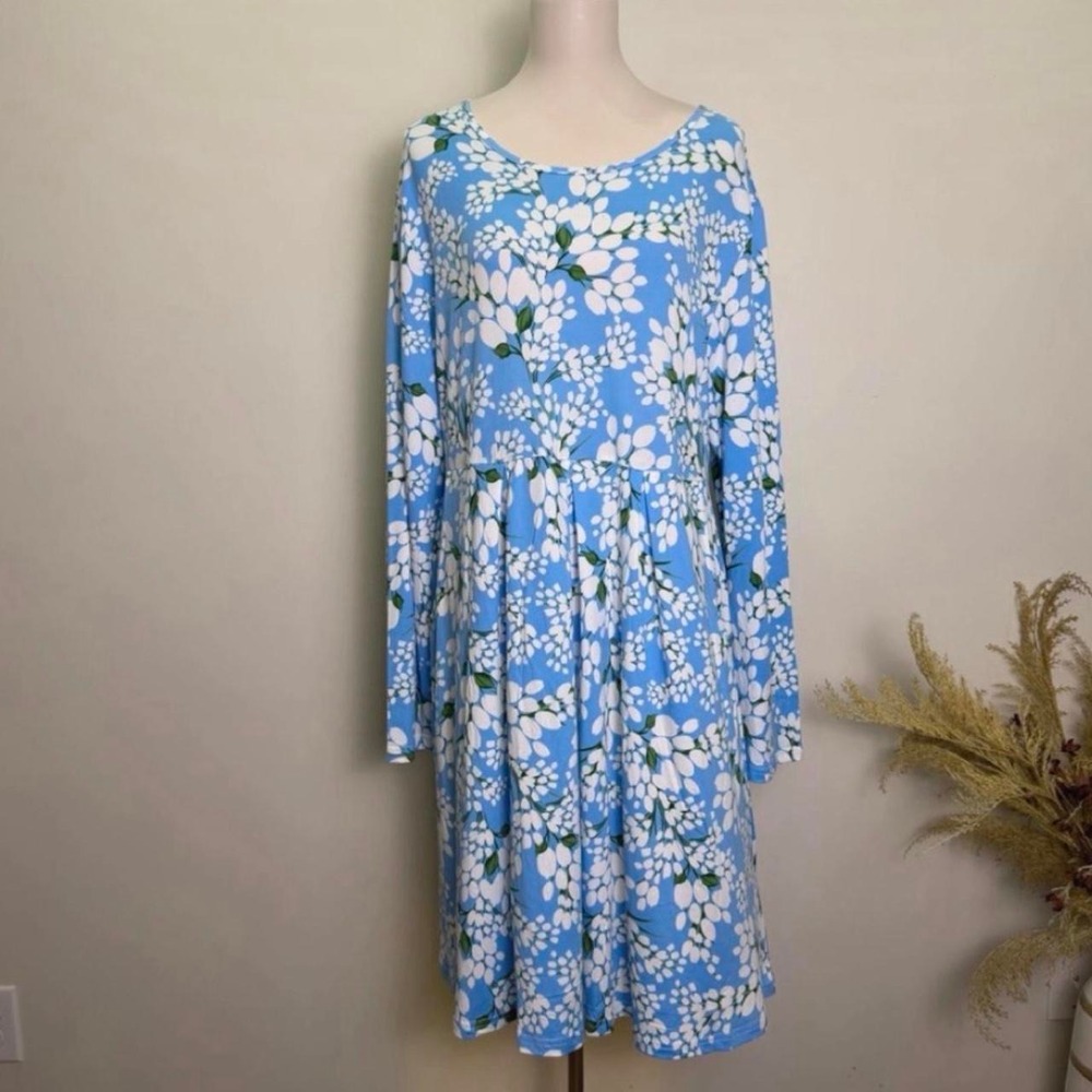 DouBCQ Blue Floral Knit Long Sleeve Dress with Pockets XXL